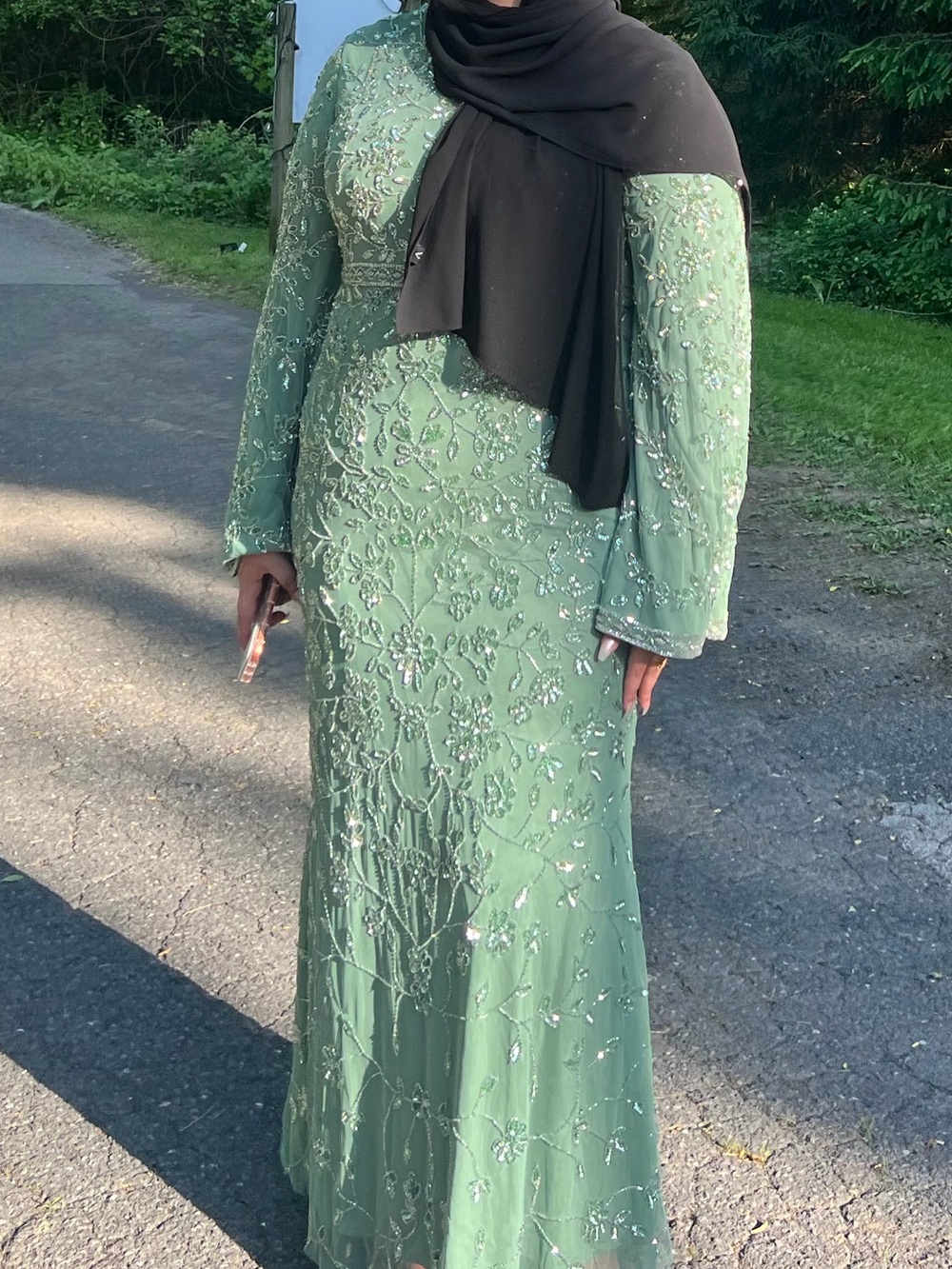 Maryisa Elegant Sage Green Beaded Long Sleeve Evening Dress hand embellishment